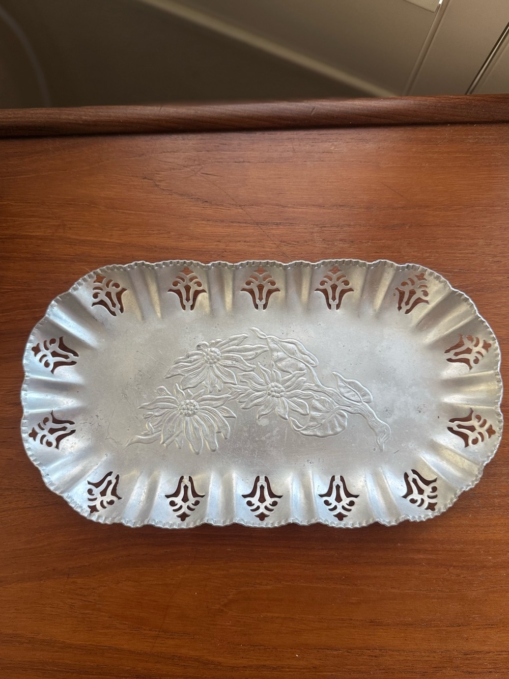 Vintage Decorative Silver Metal Serving Tray with Floral Embossed Design